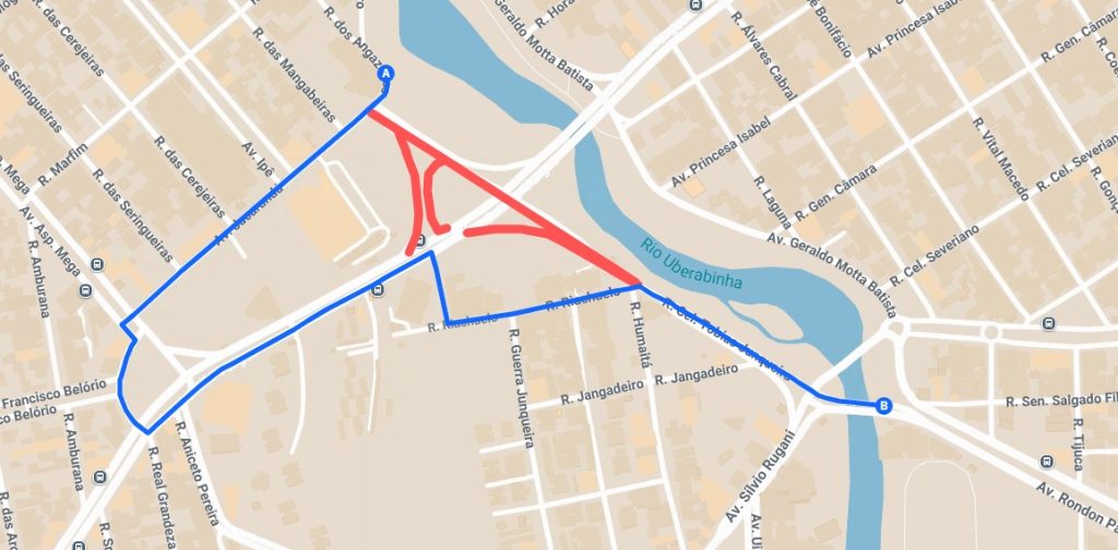 Em azul, o percurso liberado para acesso à avenida Rondon Pacheco; o trecho em vermelho ainda permanece interditado